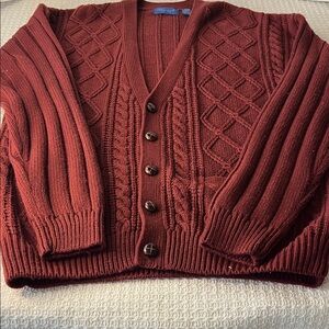 Towncraft men's button front rusty brick red sweater, two pockets, cable knit